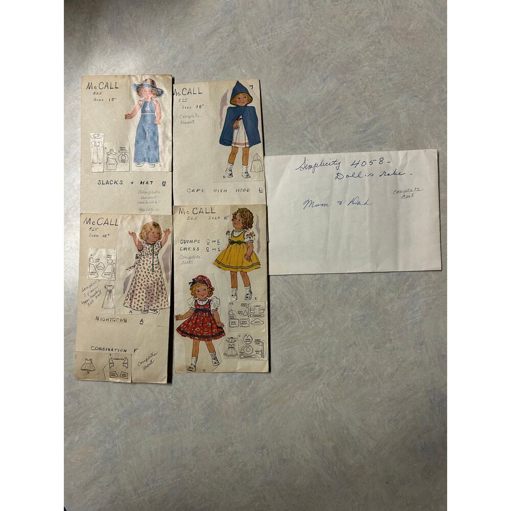Vintage 1930's McCall Pattern #525‎ 16" Doll Clothes/ Simplicity #4058 Robe